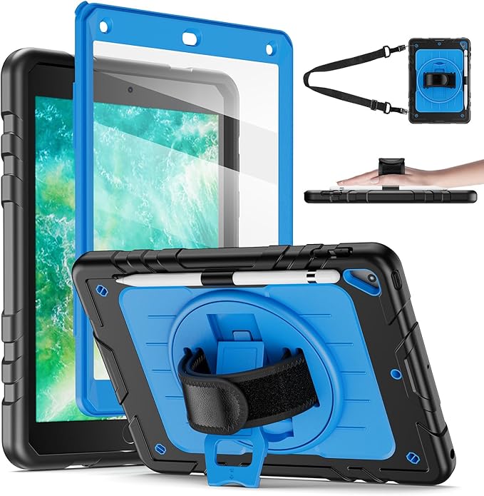 Case for iPad 6th/5th Generation 9.7'' with Screen Protector Pencil Holder [360 Rotating Hand Strap] &Stand, Drop-Proof Case for iPad 6th/5th/ Air 2/ Pro 9.7 (Black&Sky Blue)