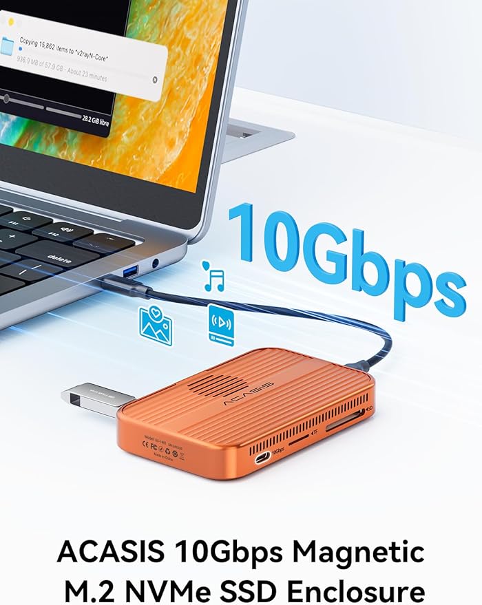 ACASIS 10Gbps Magnetic M.2 NVMe SSD Enclosure With 4K ProRes Recording M.2 EnclosureCompatible IPhone 17/16/15 Pro/Pro Max Magnetic SSD Enclosure with Cooling Fan For Video Editor/Blogger/Videographer