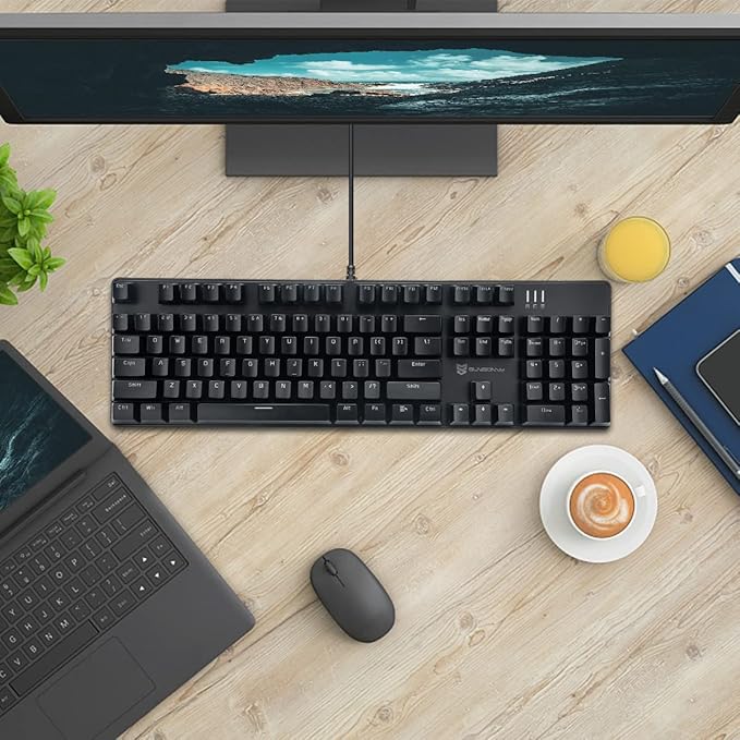 Merdia Brown Switch Black Full Size Mechanical Gaming Keyboard | 104 Keys US Layout Ice Blue Backlit Wired PC Gaming Keyboards | Hot Swappable LED Backlit Wired Mechanical Computer Keyboards