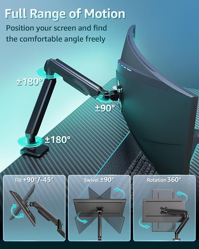 Heavy Duty Single Monitor Arm for Max 42 Inch Screens, Monitor Mount for Desk Supports 4.4-33 lbs, Height Adjustable Ultrawide Monitors Stand with C-Clamp & Grommet Base, VESA Mount 70/100