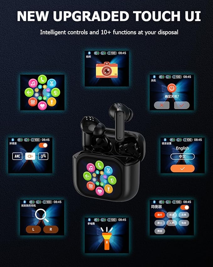Wireless Touchscreen TWS True Wireless Bluetooth ANC Active Noise Cancelling Earbuds with Smart Touch Screen Case - Blue Tooth Earphones for iPhone Android In Ear Headphones