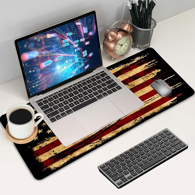 Large Gaming Mouse Pad 31.5"x15.7" | Dark American Flag-Themed XXL Keyboard Pad, Mouse Mat, Desk Pad, Non-Slip Rubber Base & Stitched Edges - Extended Mousepad for PC/Laptop/Office/Home Decor