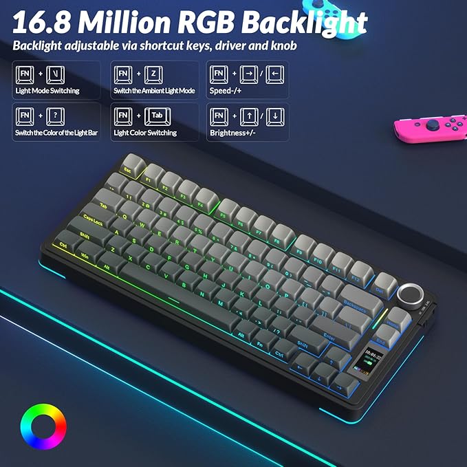 AULA S75 PRO Wireless Mechanical Keyboard with Screen&Knob, Tri-Mode Hot Swappable Gaming Keyboard 75%, Pre-lubed Switches, RGB Backlit, Side Printed PBT Keycaps, Creamy Sounding Computer Keyboards