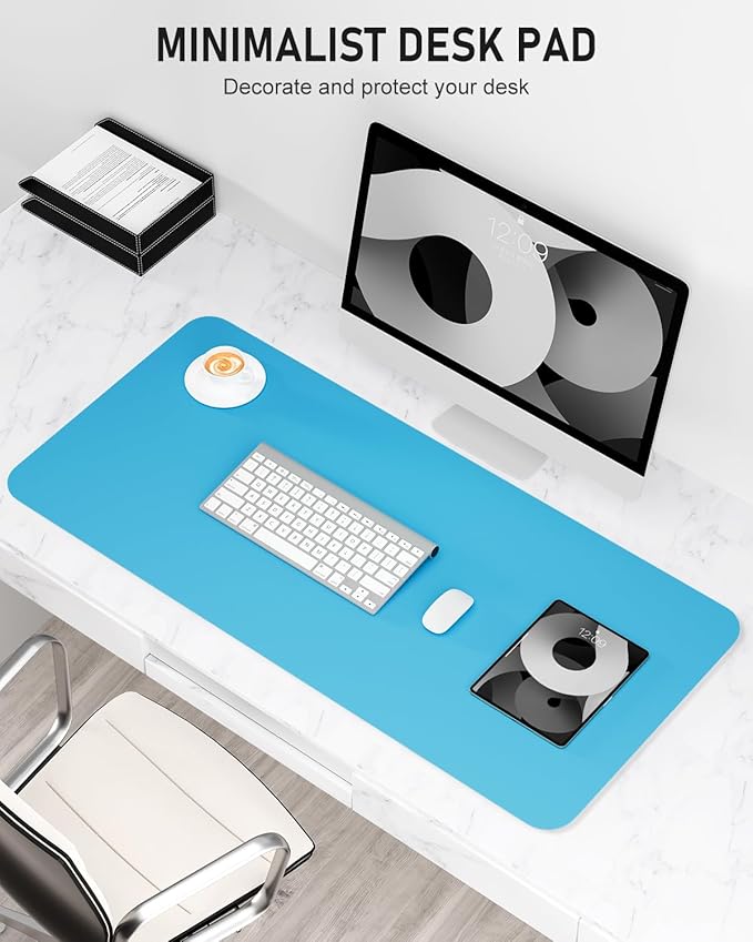 Desk Pad, 35.5" x 17" PU Leather Non-Slip Desk Mat Large Mouse Pad for Desktop, Waterproof Laptop Computer Writing Mat for Office, Home, Work, Gaming, Aqua Blue