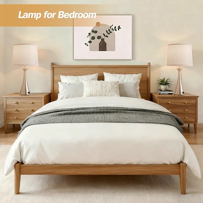 Touch Lamp for Living Room Bedroom, 21" Table Lamps Set of 2 with USB C+A Ports and Grey Lamp Shades, Touch Bedside Lamps for Nightstand with 3 Way Dimmable, 2 LED Bulbs Included, Silver