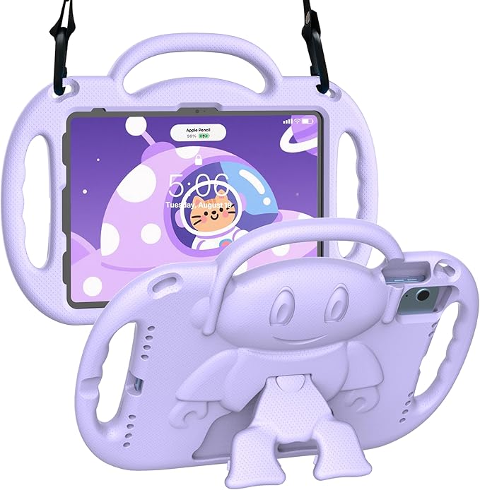 Kids Case for iPad A16 11" 2025 (11th Gen) & 10th Generation 10.9" 2022 & iPad Air 11" M3/M2 & Air 5th/4th Gen & Pro 11, Durable Shockproof Cover with Shoulder Strap Handle Stand, Light Purple
