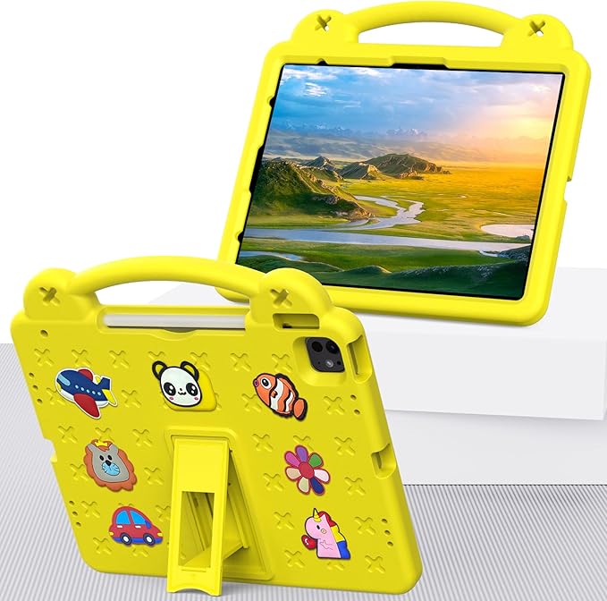 Kids Case for iPad Air 13 inch M3 2025/M2 2024,iPad Pro 13 inch M4 2024 & iPad Pro 12.9 inch Case 6th/5th/4th/3rd Gen 2022 2021 2020 2018 with Stand/Pencil Holder/Handle, Yellow Bear