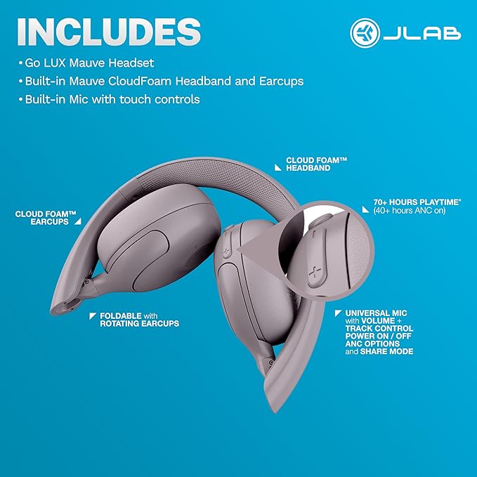 JLab Go Lux ANC Wireless Headphones, Mauve, Hybrid Active Noise Cancelling, Premium On-Ear Bluetooth Headset, Customizable Sound, Be Aware Mode, Cloud Foam Comfort, Multipoint Connection