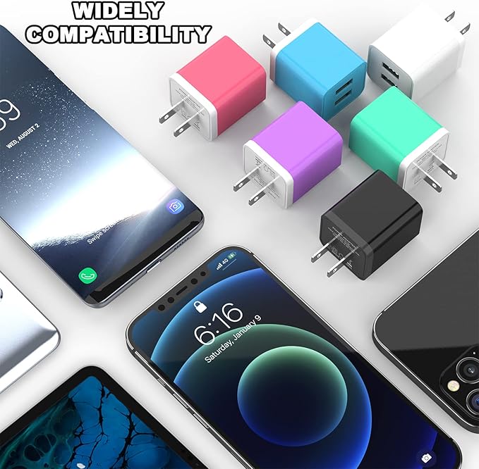 6Pack USB Wall Charger, iGENJUN 2.4A Dual USB Port Cube Power Plug Adapter Fast Phone Charger Block Charging Box Brick for iPhone 17/17 Pro/17 Pro Max/16, Samsung Galaxy, Pixel, LG, Android-Colorful