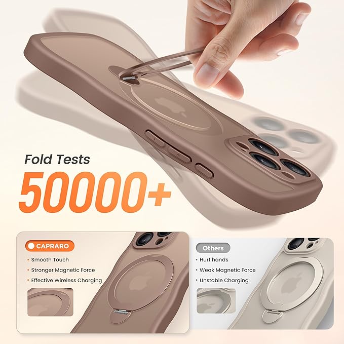CAPRARO for iPhone 14 Pro Case with 360° Spin Magnetic Stand for Women, [Compatible with MagSafe] [Full Camera Protection] Cute Wave Translucent Matte Case for iPhone 14 Pro,Brown