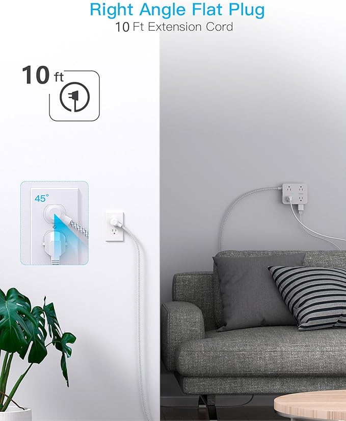 10 Ft Surge Protector Power Strip, HANYCONY Extension Cord with 8 AC Outlets 4 USB (2 USB C) Ports, Flat Plug, Wall Mount Desk USB Charging Station for Home