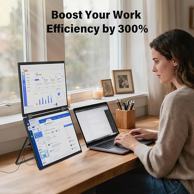InnoView Portable Dual Monitor 15.6" 3840x2160P 4K 100% sRGB | Owl Eye Vision - Foldable Design with 315° Screen Adjustment, 180° Stand | DP/USB-C/HDMI, Dual Screen Extender for Laptop, Mac, Windows