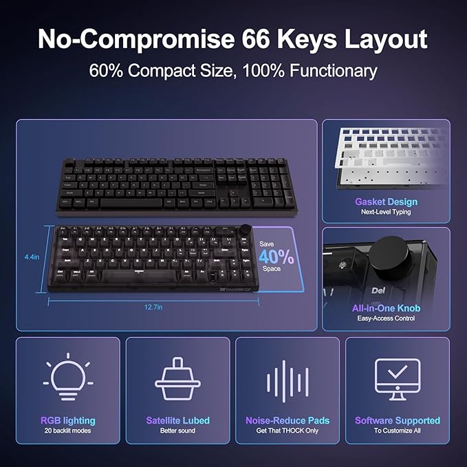 X83 Wired Gaming Keyboard with Volume Knob,60 Percent Mechanical Keyboard Gasket Mount RGB Backlit with Software,Mini Keyboards with 66 Keys Hot Swappable Red Switch,Translucent Black