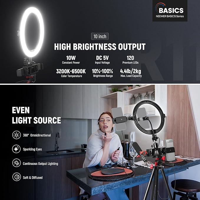 NEEWER Basics 10" Selfie Ring Light with Tripod Stand/3 Phone Holders Compatible with iPhone/3 Cold Shoes/Remote, LED Ringlight Lighting for YouTube TikTok Vlog Video Recording Makeup Streaming, R11