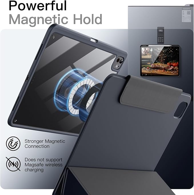 JETech Magnetic Detachable Case for iPad Pro 13-Inch M5/M4 (2025/2024) with Pencil Holder, Removable Rotating Clear Cover, Portrait/Landscape Stand with Raised Screen View (Grey)