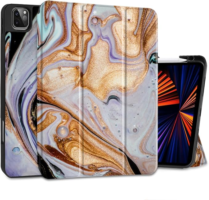 DONGKE Case for 2022/2021/2020/2018 iPad Pro 11 inch Gen 4/3/2/1 - Slim Protective Case - Built in Pencil Holder Support Charging - Trifold Stand & Sleep/Wake Cover- Black Marble