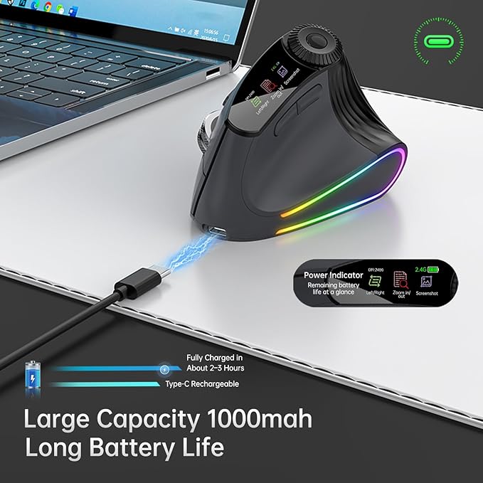 Ergonomic Vertical Mouse Wireless, Rechargeable Bluetooth Ultra-Fast Scrolling 4800 DPI Ergo Mouse, 2.4G Quiet Clicks 6 Buttons RGB Optical Mice, 3 Multi-Device Connectivity for Mac, Laptop