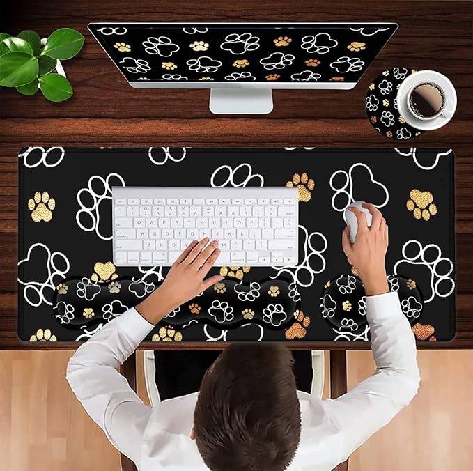 Gaming Mouse Pad XXL Large Desk Mat Non-Slip Rubber Mice Pads Stitched Edges(31.5x11.8 in) Ergonomic Premium Memory Foam Keyboard Wrist Rest and Cute Dog Paw Prints Extended Black Mouse Pad Set