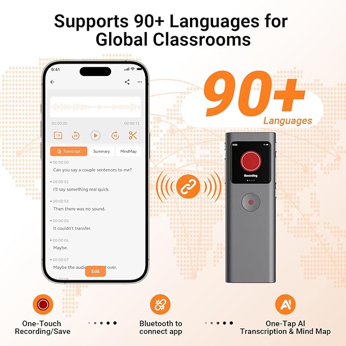 AI Digital Voice Recorder with Transcribe & Summarize, AI Note Taker for Meeting & Lectures, Voice Activated Recorder with Playback, Supports 90+ Languages Recording Device, Portable Tape Recorder