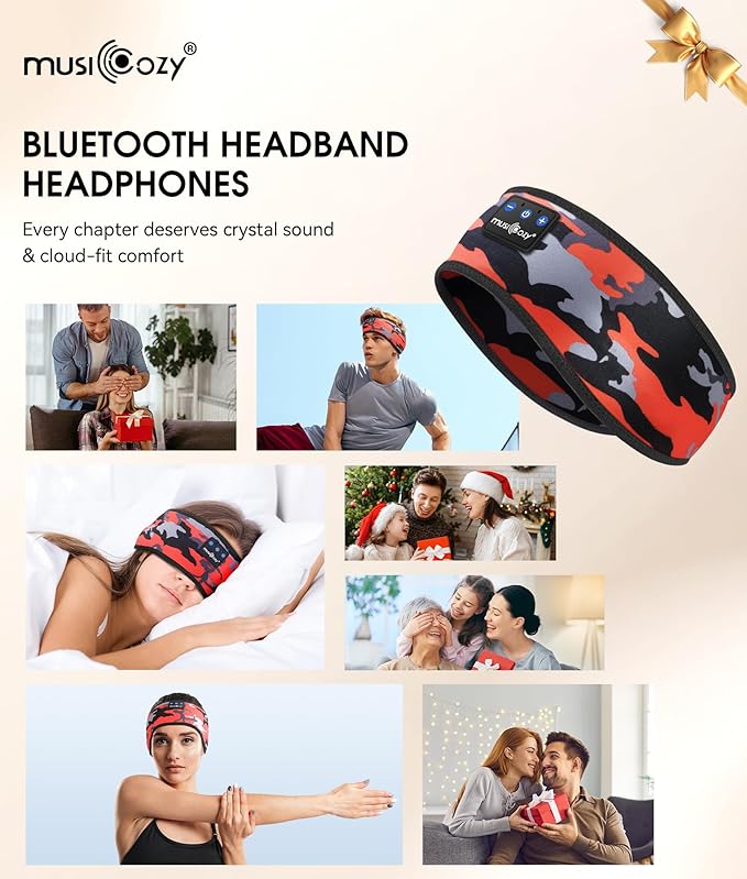 MUSICOZY Sleep Headphones Bluetooth 5.4 Headband, Wireless Earphones Music Sleep Earbuds Sleeping Eye Mask with HD Stereo Speakers for Workout Running Travel Yoga, Ideal Gifts (Black Red)