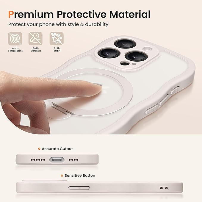 CAPRARO for iPhone 14 Pro Case with 360° Spin Magnetic Stand for Women, [Compatible with MagSafe] [Full Camera Protection] Cute Wave Translucent Matte Case for iPhone 14 Pro,Stone