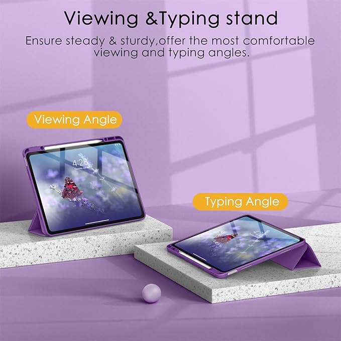 Soke Case for iPad Pro 12.9 Inch (6th/5th/4th/3rd Generation, 2022/2021/2020/2018) - Pencil Holder + Auto Sleep/Wake + Camera Protection, Transparent Shockproof Back Cover, Purple