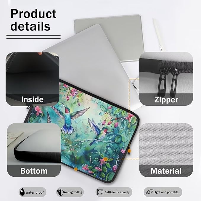 Hummingbird Flower Computer Sleeve for Women Laptop Sleeve 12 inch Neoprene Laptop Covers with Padded Compartment Lap Top Case Computer Carrying Bag