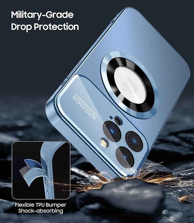 MAKAVO Magnetic for iPhone 16 Pro Max Case, Compatible with MagSafe, Built-in Camera Lens Protector, Logo View, Military Grade Drop Protection Phone Cover, Sierra Blue