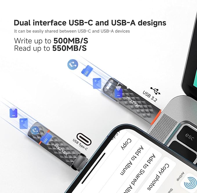 256GB USB Flash Drive,Up to 550MB/s External SSD Thumb Drive, USB 3.2 + Type C, for iPhone15/16/17, Android Phone, PS4/PS5/MacBook/iPad/SmartTV, Zinc Alloy Body