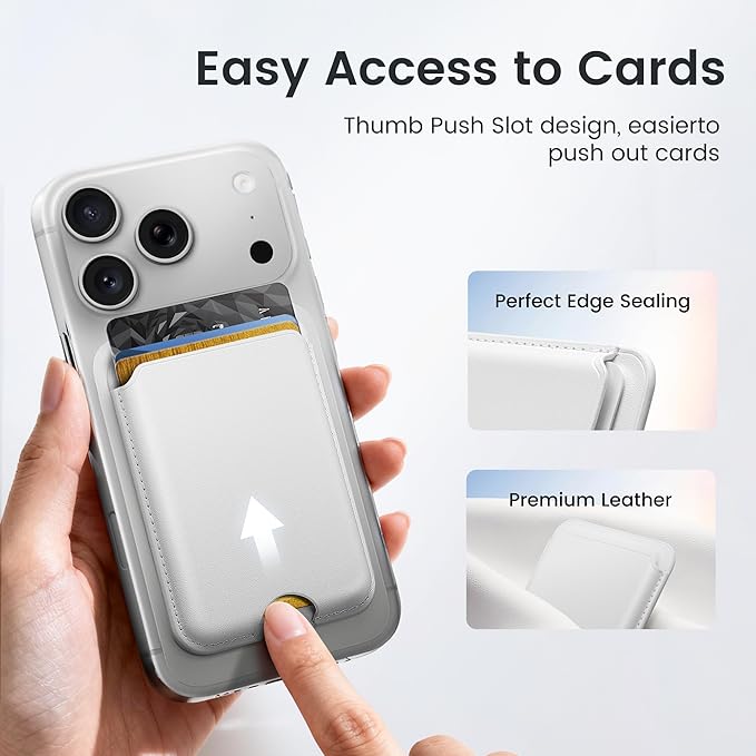 Stronger Magnetic Wallet for iPhone 17/16/15/14/13/12 Series & for MagSafe-compatible Cases, Slim Leather Magnetic Card Holder with RFID Blocking, N52 Magnet Phone Wallet, Fit 3 Cards, White
