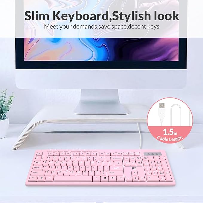 Rii RK907 Ultra-Slim Compact USB Wired Keyboard for Mac and PC,Windows 10/8 / 7 / Vista/XP(Pink)
