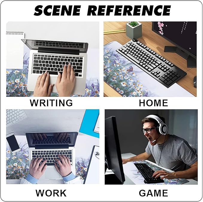 Extended Large Gaming Mouse Pad Wildflowers Chamomile and Butterflies XXL Size Keyboard Mouse Mat Desk Pad with Non Slip Rubber Base Stitched Edges Office Decor for Women Girls Men,35.4 x 15.7inch