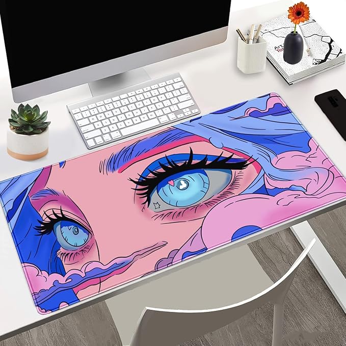 Anime Girl Loving Eye Desk Mat Desk Mat Pink Desk Pad Aesthetic Japanese Mouse Pad Large XXL Gaming Mousepad Computer Keyboard Mat Desk Matt for Desktop Office Decor Deskmat 31.5 X15.7In