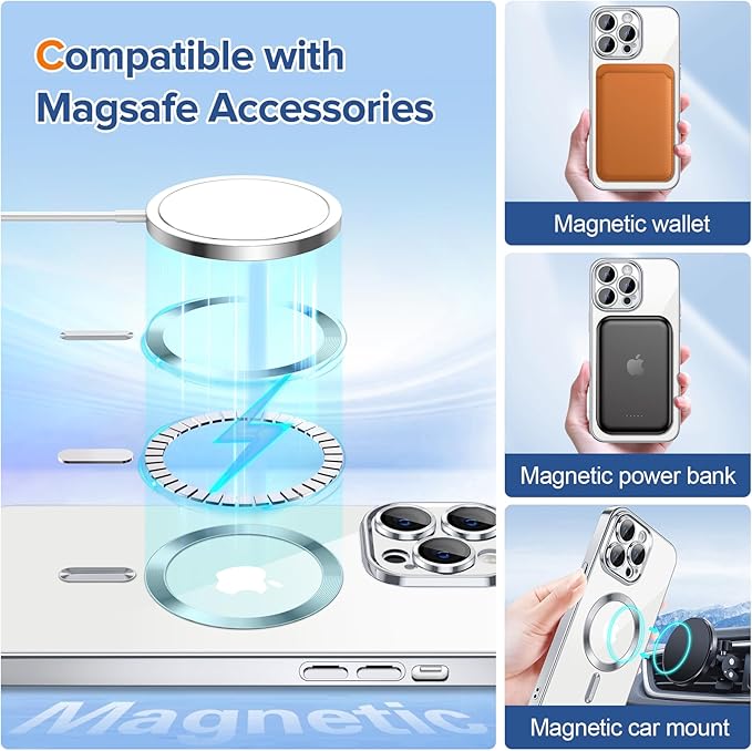 Hython Magnetic Clear for iPhone 13 Pro Max Case with Camera Lens Protector [Compatible with MagSafe] Plating Edge Slim Soft TPU Cover Protective Phone Case for iPhone 13 Pro Max 6.7", Silver