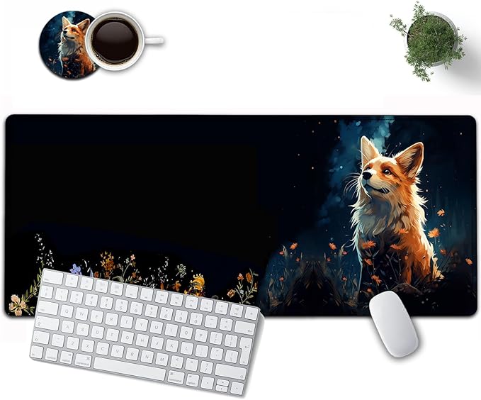 Large Mouse Pad, 31.5 x 11.8in Extended Gaming Mouse Pad with Stitched Edges, XXL Mousepad Protector Non Slip Rubber Base for Office and Home Writing Mat, Cute Red Fox Animal Pattern Black Desk Mat