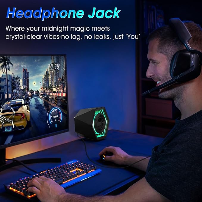 Computer Gaming Speakers, 50W Active Desktop Speakers with Infinity Mirror 3D Tunnel RGB (8 Modes), Bluetooth 5.3, AUX in, Headphone Out & Type-C Input, 3 EQ Modes, AC Powered for PC/Laptop/TV