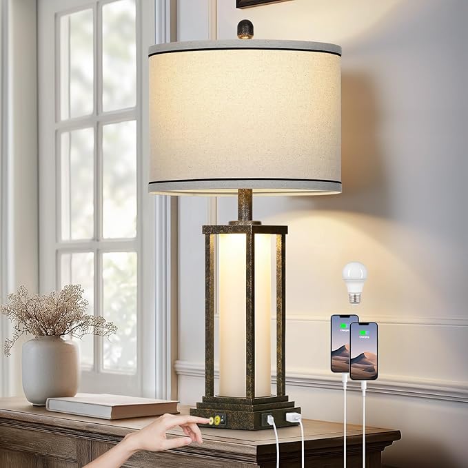 27in Tall Farmhouse Table Lamp with USB C+A & Outlet,Bronze Industrial End Table Lamp for Living Room,Vintage Rustic Bedside Lamp with Night Light for Bedroom Nightstand,Single Bronze