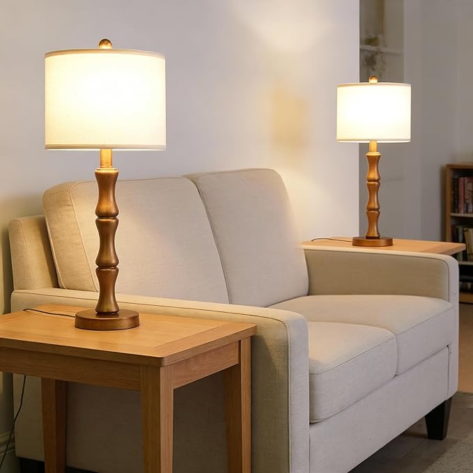 BOBOMOMO 25" Vintage Nightstand Lamps Set of 2, Farmhouse Table Lamps with Antique Gold Resin Base & Linen Shade, Standard Table Lamps for Bedroom, Living Room, Hallway & House Décor