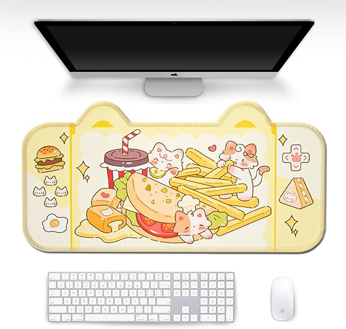 PERFECTSIGHT Cute Cat Desk Mat Kawaii Fast Food Desk Pad, Switch Large Gaming Mouse Pad, Cartoon Deskmat Mousepad, Anime Blotter Protector Laptop Keyboard Pad for Women Girls, Kitty