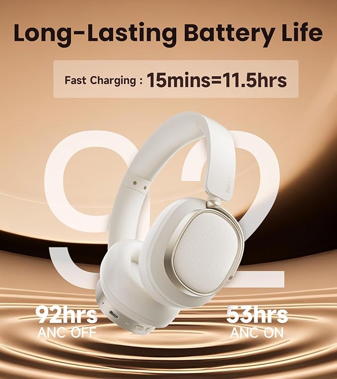 Edifier ES850NB Active Noise Cancelling Headphones, Over Ear Bluetooth Headset, 92H Playtime Wired & Wireless Hi-Res Audio Certified, Fast Charging Clear Calls for Home Office Travel - Ivory