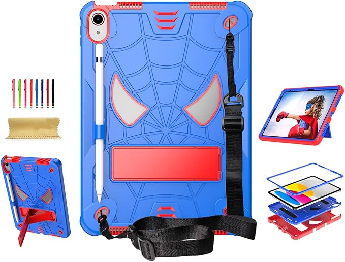 Dteck for iPad Air (3rd Generation) 2019 and iPad Pro (2017 Release) Hard Case 10.5" with Kickstand, Shoulder Strap/Screen Protector Film/Stylus Included, Shockproof Cute Spider Kid's Cover, Blue/Red