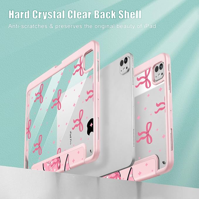 May Chen Case for iPad Pro 11-Inch M5/M4 2025/2024 (6th/5th Generation), [Penceil Holder] Trifold Stand Auto Wake/Sleep Clear TPU Protection Back Cover, Pink Boots Bows