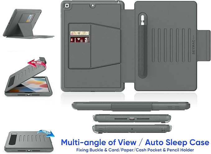 SEYMAC stock Case for iPad 9th/8th/7th Generation 10.2'', Strong Magnetic Auto Sleep Shockproof Case with Absorbing Multi-Angles Stand, Pen Holder, Card Slot (Gray)