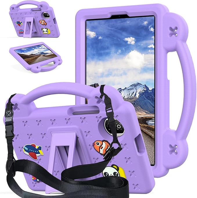 AKABEILA Compatible with Honor Pad X7 8.7 inch 2025 Tablet Case, Kids Friendly Universal Lightweight Shockproof Protective Case with Shoulder Strap & Stand Handle Light Purple