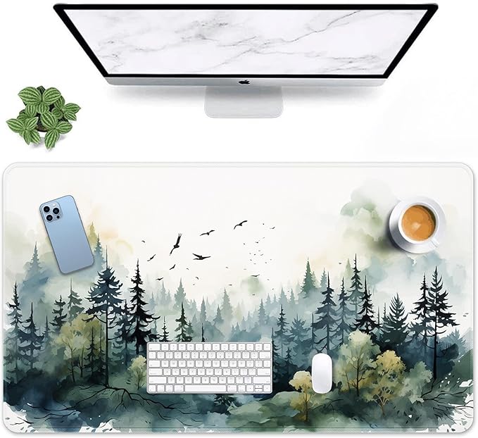 Arttown Green Ink Style Mountain Forest Mouse Pad Large Gaming Mat Non-Slip Desk Pad Keyboard and Mouse Desk Mat for Gamer, Office & Home, 31.5 x 15.7 in