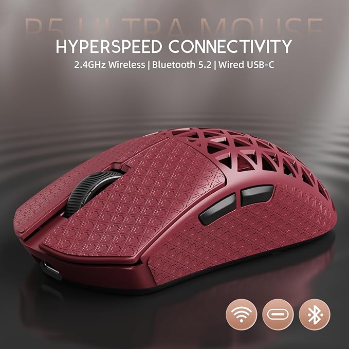 R5Ultra 8K Carbon Fiber Wireless Gaming Mouse with 42000 DPI -PAW3950 MAX Sensor -39g Ultra-Lightweight-Nordic 52840 MCU Chip-Wired/BT/2.4GHz Wirelss Programmable Mouse Tape for PC/Mac (Red)