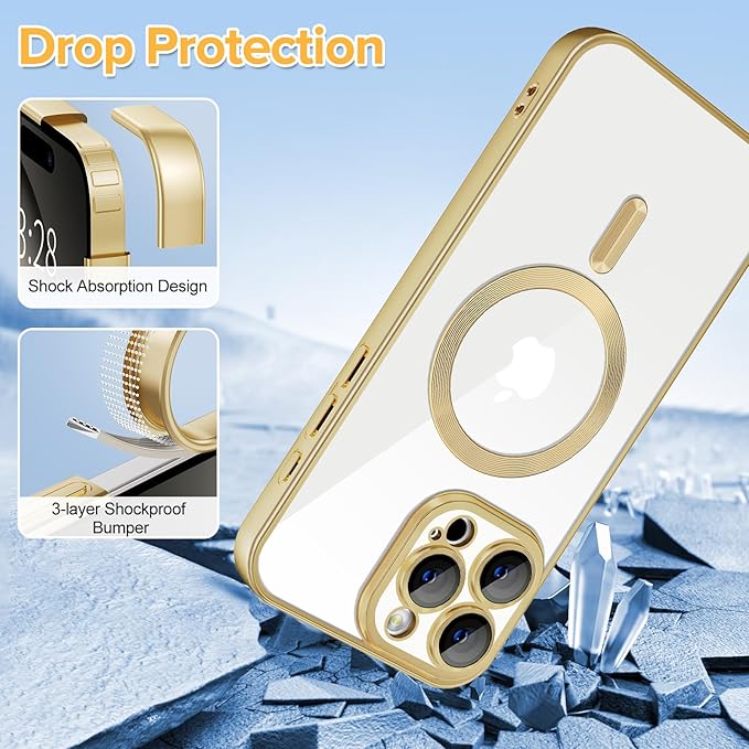 Hython Magnetic Clear for iPhone 16 Pro Max Case with Camera Lens Protector [Compatible with MagSafe] Plating Edge Slim Soft TPU Cover Protective Phone Case for iPhone 16 Pro Max 6.9", Matte Gold