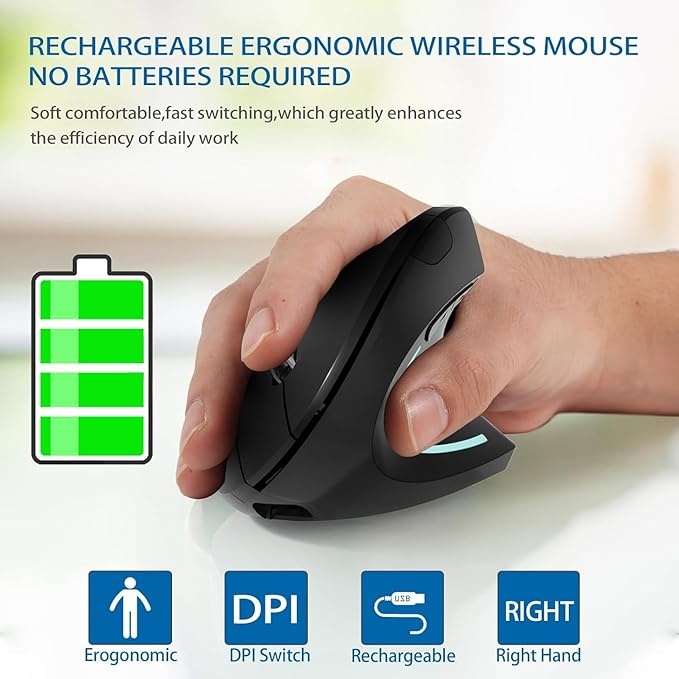 Bluetooth Mouse,Type-c and USB 2.4G Wireless Vertical Mouse Rechargeable Ergonomic Mouse, 800/1200 /1600 DPI, Buttons for Laptop, Desktop, PC, MacBook,Mac Computer (Black)