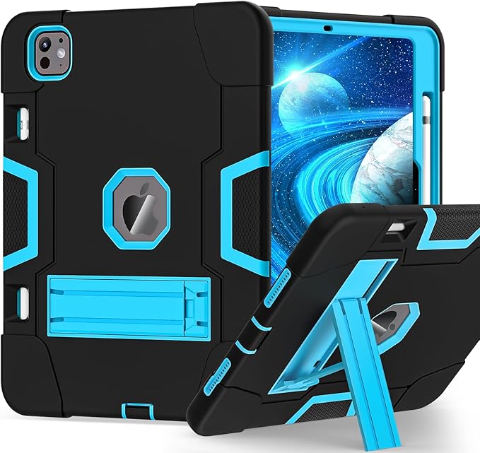 TSQQST for iPad Pro 11 Inch Case M4 5th Generation 2024, iPad Pro 11 Case with Pencil Holder+Stand, Full-Body Protective Rugged Shockproof Cover for iPad Pro 11 Inch 5th Gen, Black Blue