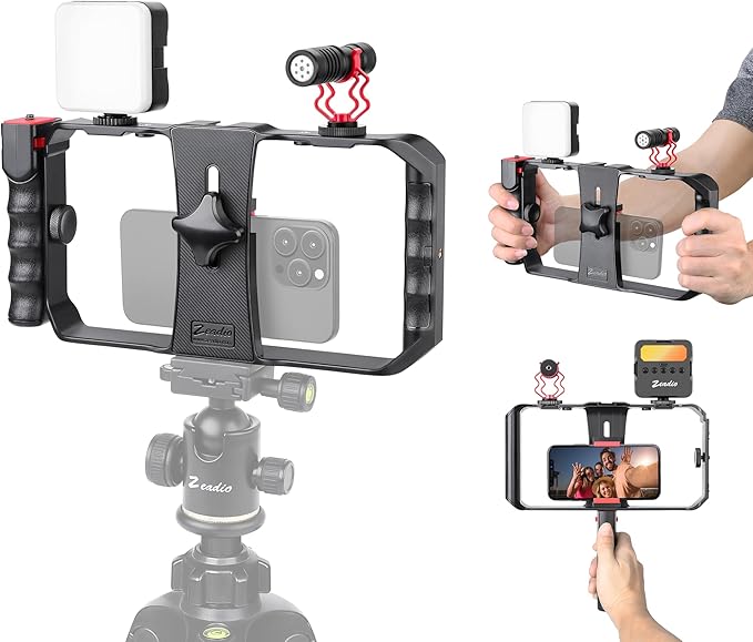 Zeadio All-in-One Smartphone Video Rig Kit, Variable Phone Cage Rig with RGB Video Light, Shotgun Microphone, Universal Video Stabilizer for iPhone/Android Filmmaking Vlogging YouTube TikTok etc
